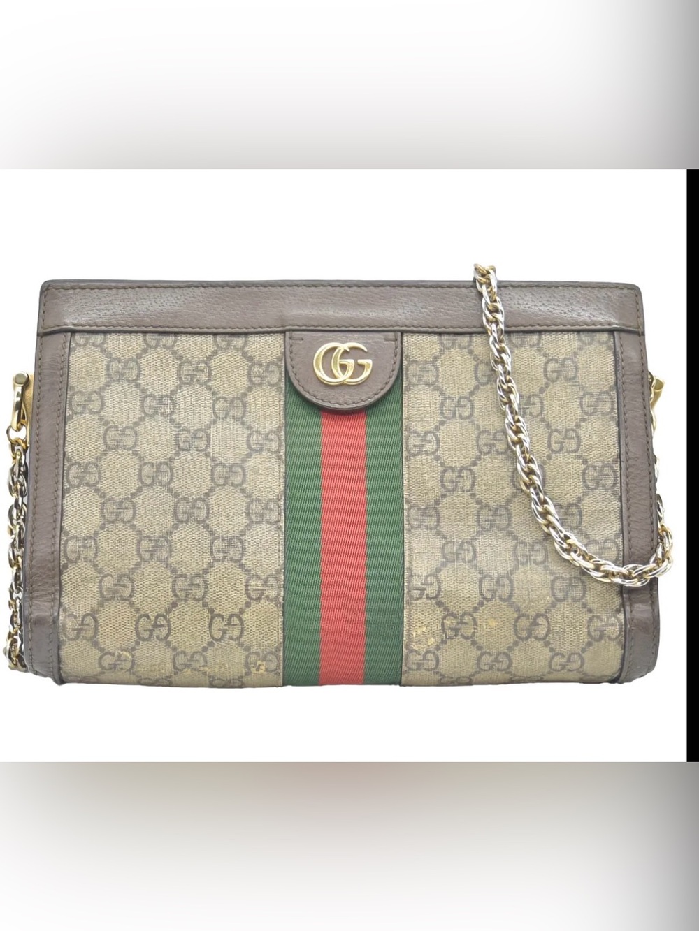 Gucci GG Supreme Monogram Web Small Ophidia Crossbody with Green-Red Gold Chain